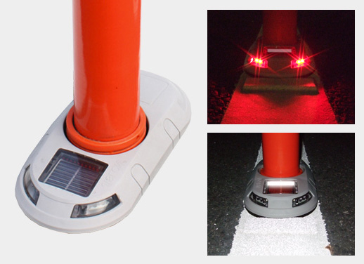 交通安全用品の車線分離標「ポールコーン」の夜間自発光台座タイプ