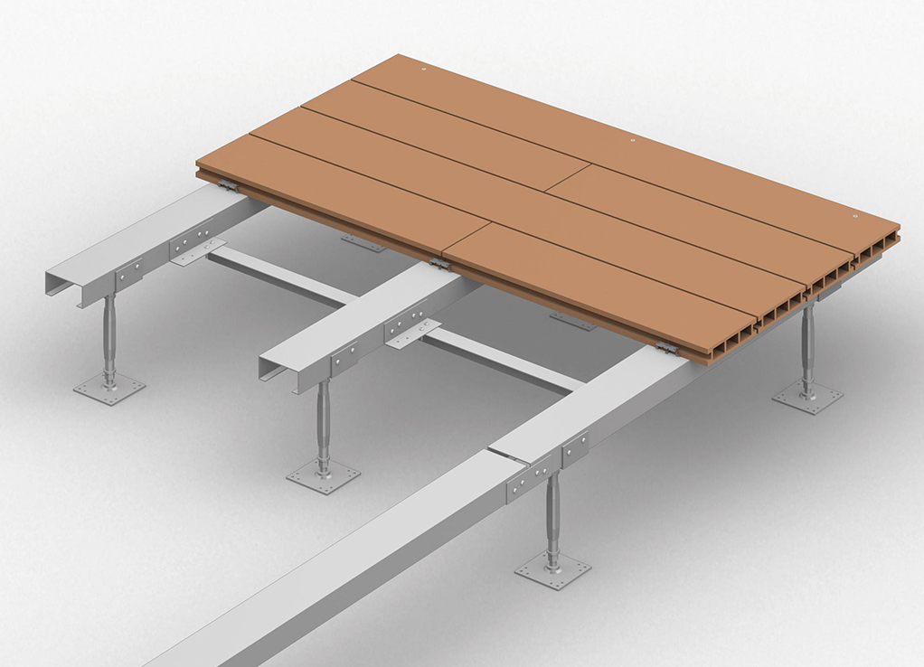 人工木ウッドデッキのノンビス工法は強度があり安価な鋼製下地により、汎用価格帯を目指した人工木ウッドデッキシステム
