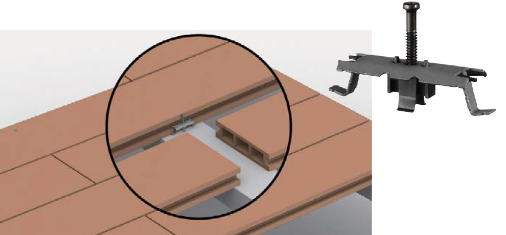 人工木ウッドデッキのノンビス工法はデッキ間の隙間5㎜に抑え、交換可能