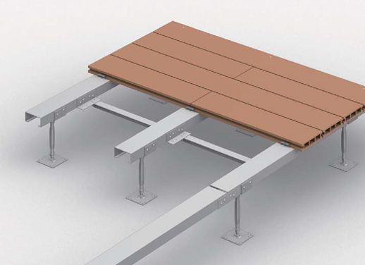 ノンビス工法の人工木ウッドデッキで現場作業を低減、高さ調整が可能な置き床工法