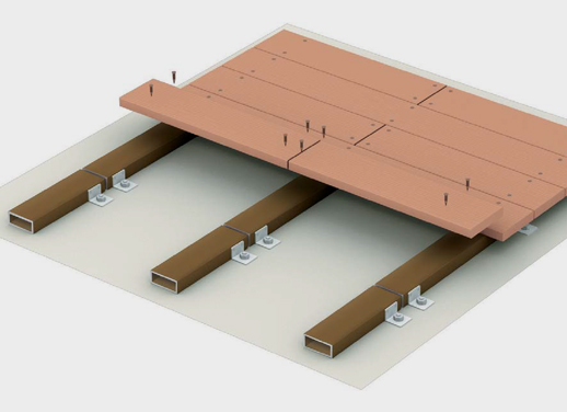 ネジ止め工法の人工木ウッドデッキで、土間コンクリートに設置する直貼り工法