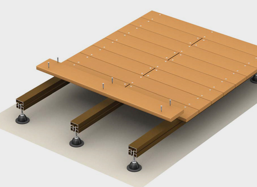 ネジ止め工法の人工木ウッドデッキで塩害地用の高耐久仕様。高さ調整が可能な置き床工法